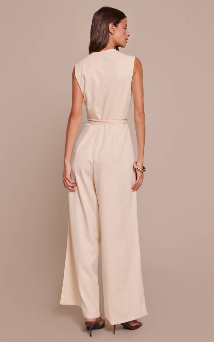 Pale Yellow Combinaison Pantalon Large En Tissu Tissé Avec Ceinture Nouée Et Boutons