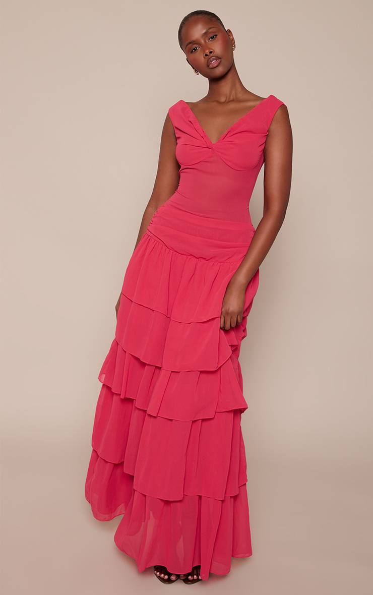 Fuchsia Robe Longue Fuchsia À Épaules Dénudées Taille Basse À Volants Étagés