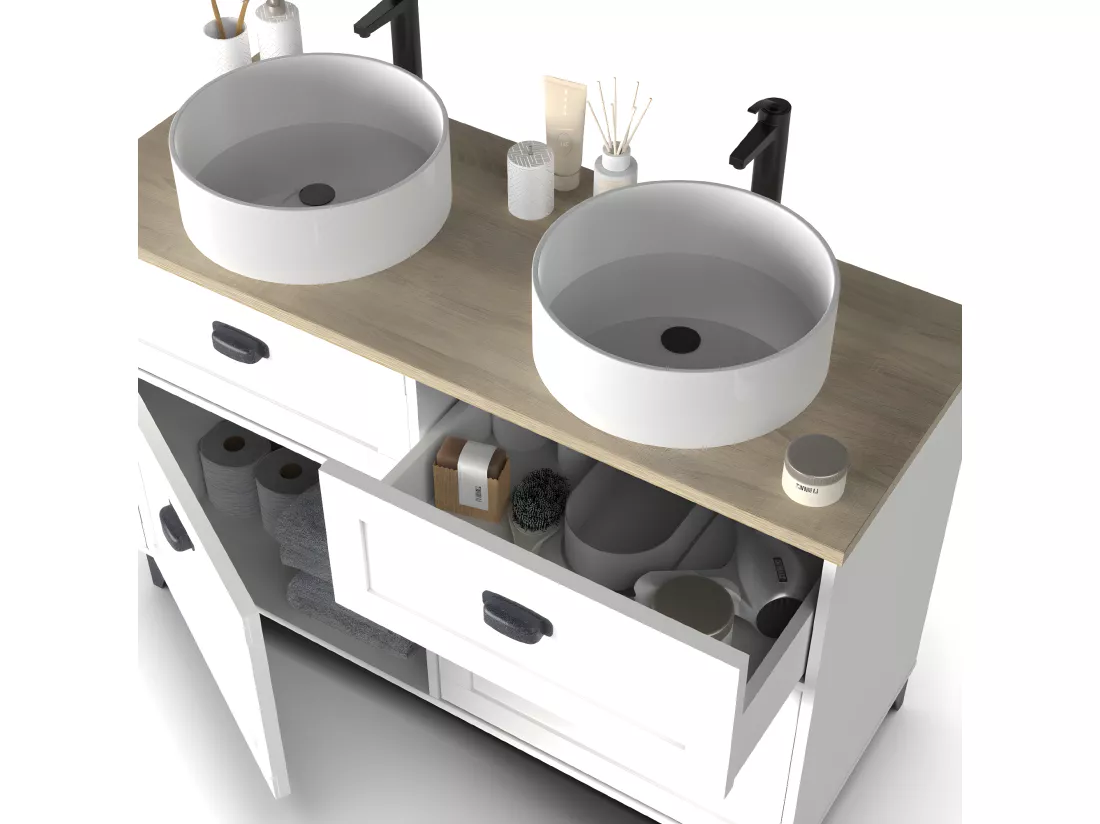 Meuble vasque pour salle de bain coloris blanc, chêne cambrian - L. 120 x L. 47 x H. 92 cm