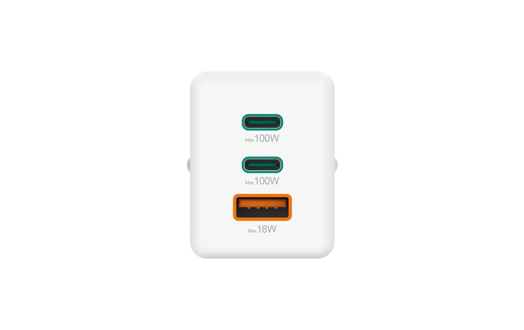 USB-Wandladegerät Gan charger 1x USB-A 2x USB-C 100 W WeissSchnellladegerät mit 1x USB-A und 2x USB-C