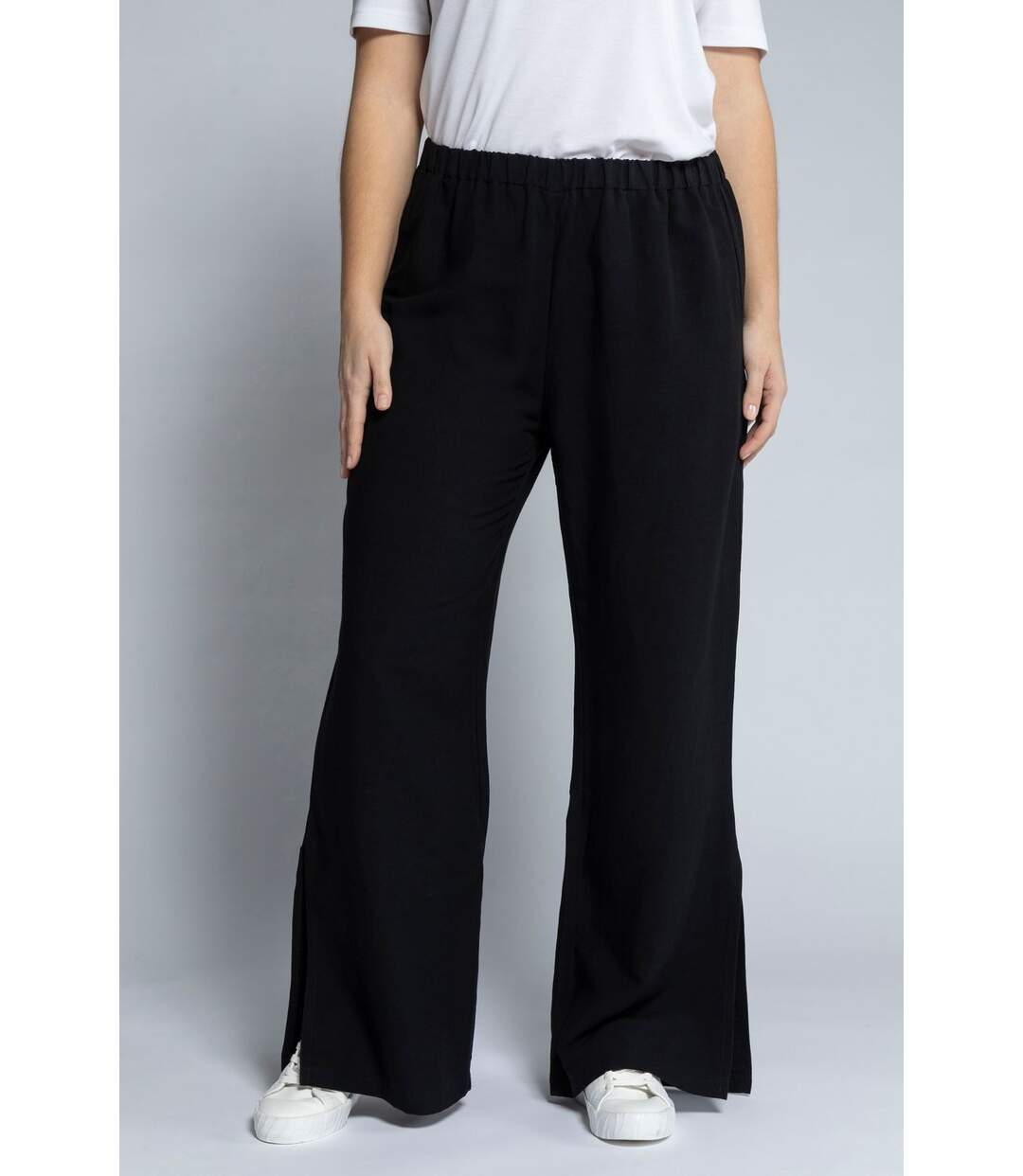 ULLA POPKEN pantalon marlene large lin taille élastique fentes latérales noir