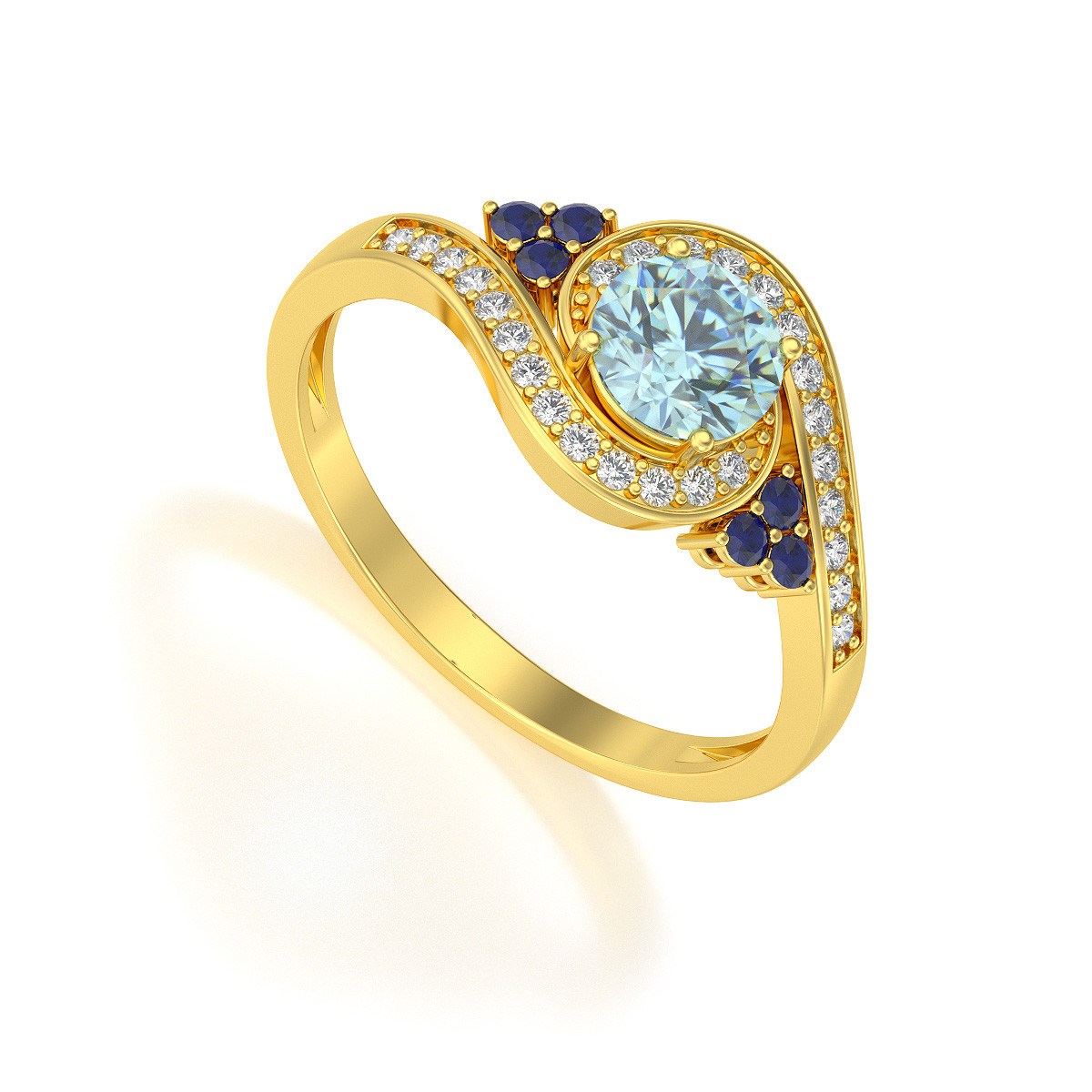 Bague ADEN Or 585 Jaune Aigue-Marine Saphir et diamants 2.702grs
