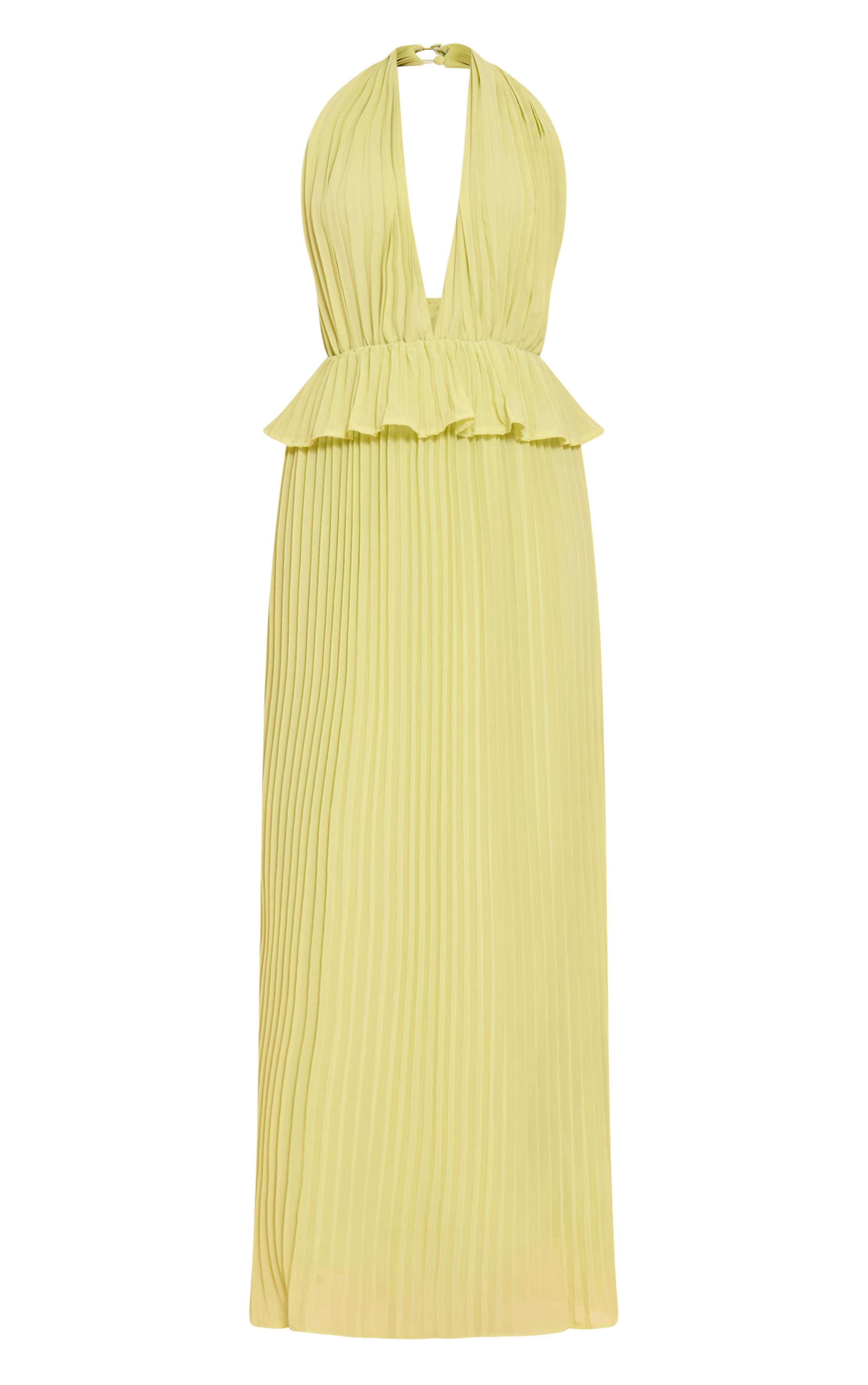 Citron Vert Robe Longue Plissée À Col Licou Avec Détails De Volants