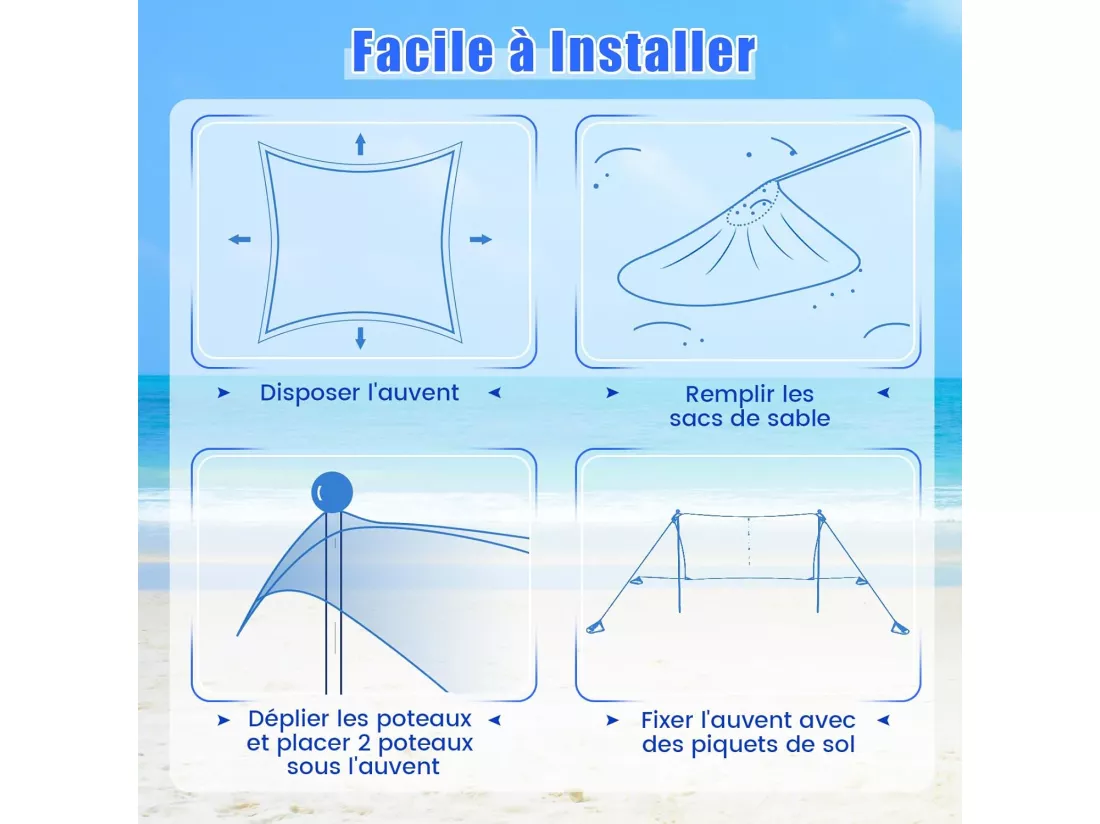 Tente de Plage Portable 2,3 x 2 M Anti UV UPF50+, Abris Solaire de Plage avec 4 Sacs pour Sable Piquets de Sol 2 Poteaux Sac de Transport, Idéal pour Plage Camping Pêche (Bleu)