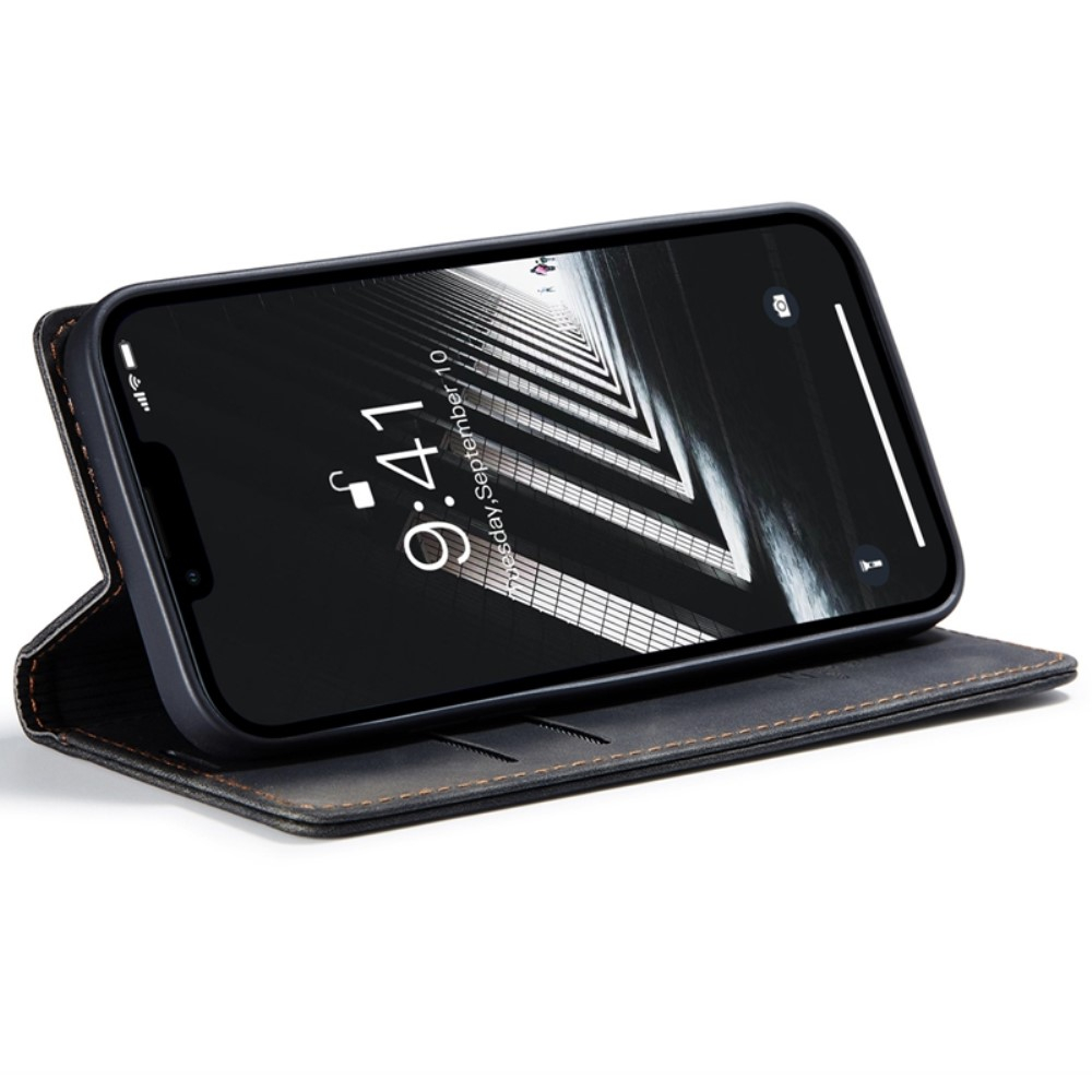 iPhone 14 Leder Tasche Flip Wallet Etui mit Kartenfächern - Schwarz