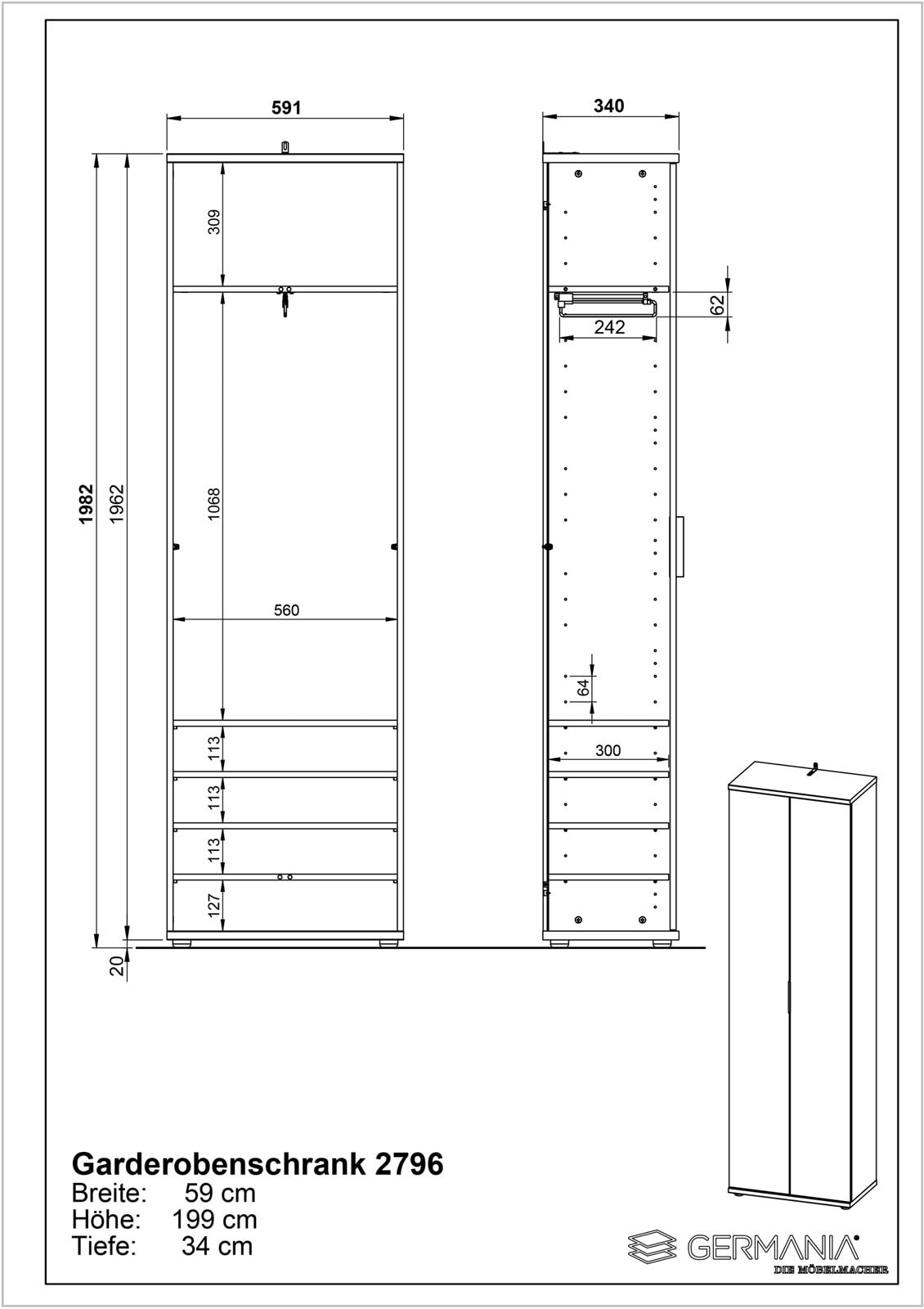 Garderobenschrank FIRE 59 x 199 cm Navarra Eiche