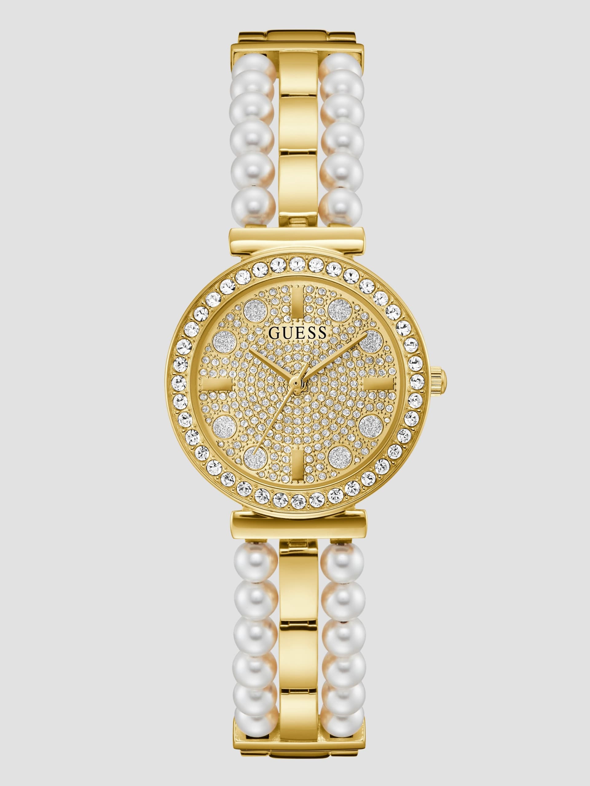 Relógio analógico dourado com diamantes e pérolas