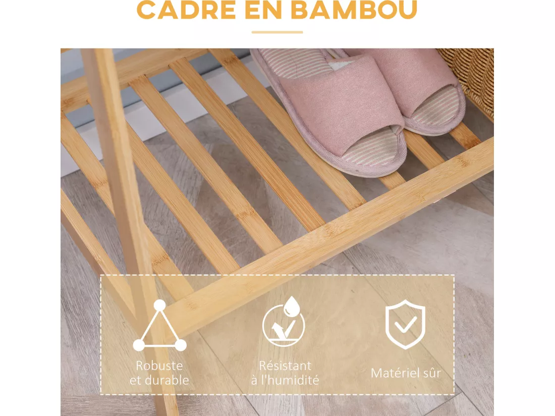 Penderie porte-manteaux - 2 étagères, espace penderie, 2 patères - dim. 82L x 36l x 140H cm - bois bambou