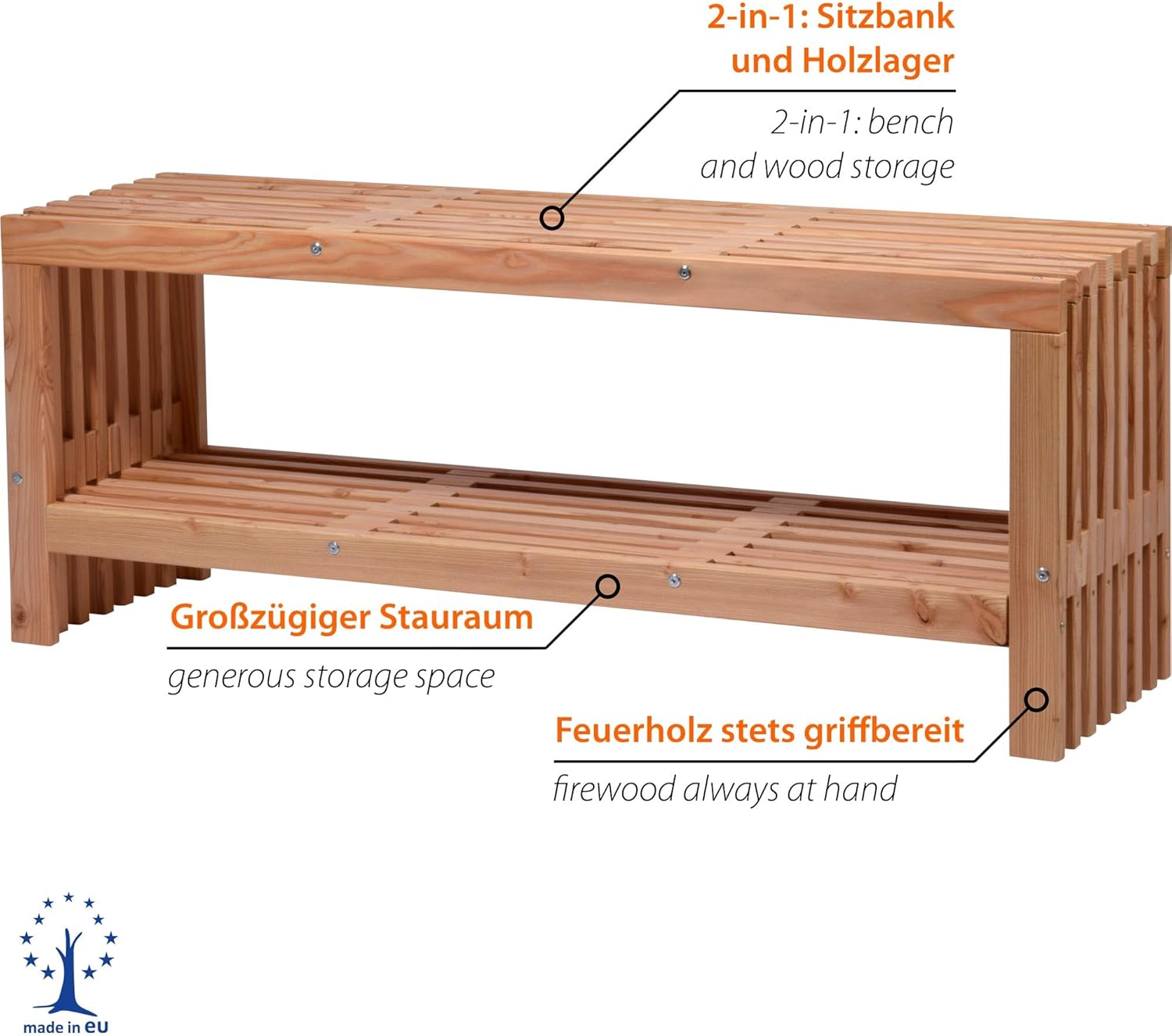 dobar® Green Label 29109FSCe | Gartenbank Freja mit Kaminholzfach | Moderne Sitzbank mit Stauraum | Robustes Douglasie-Holz mit Schutzlasur | Holzbank Massiv | 115 x 30 x 45 cm | Natur