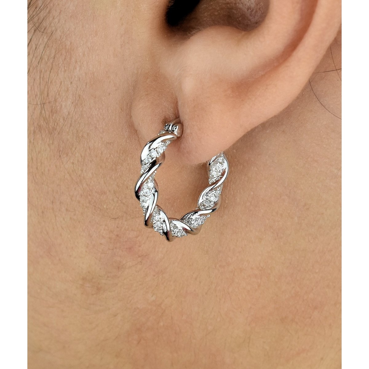 Boucles d'oreilles Créoles torsade d'oxyde de zirconium Argent 925 Rhodié