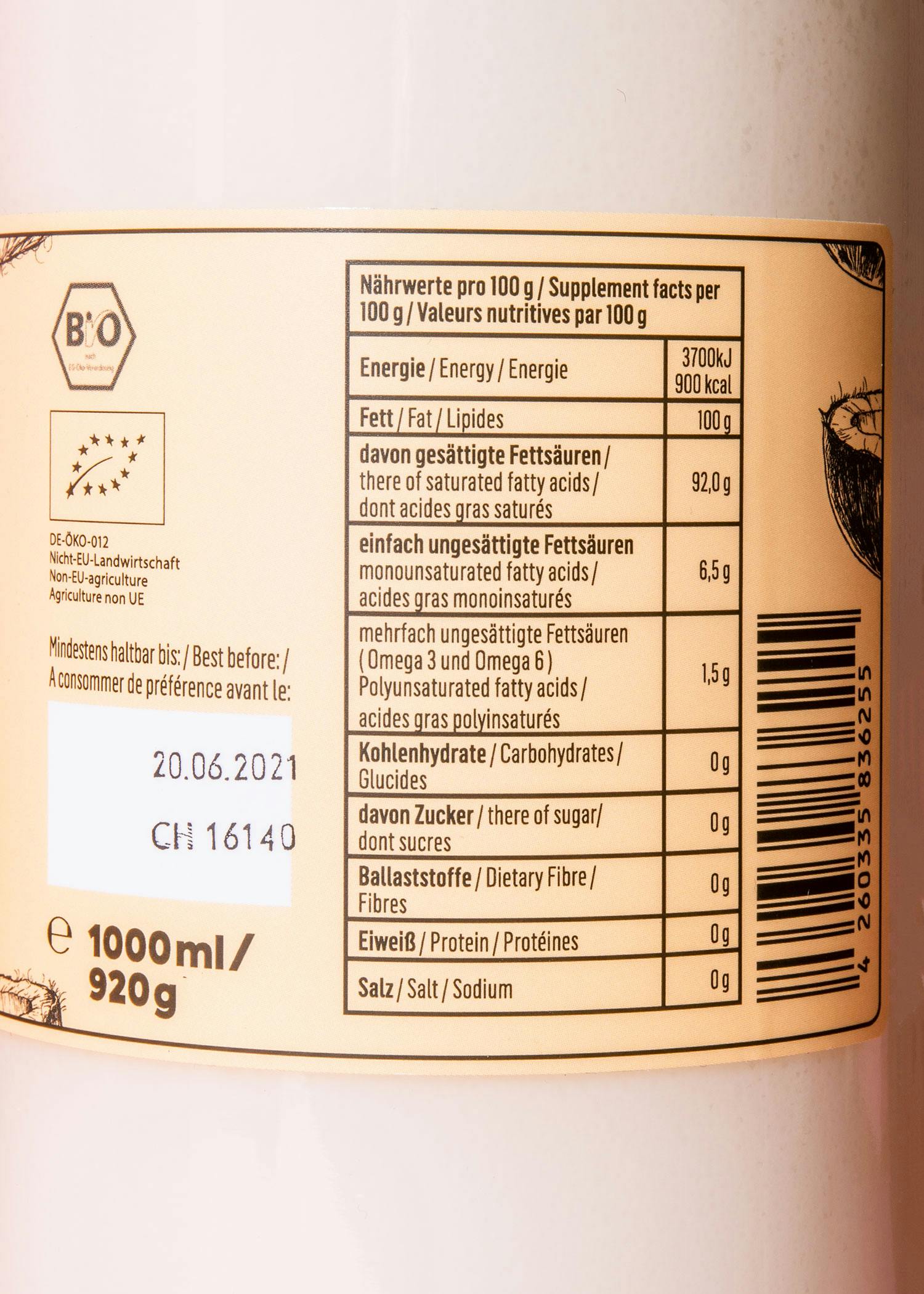 Desodoriertes Bio Kokosöl 1 L