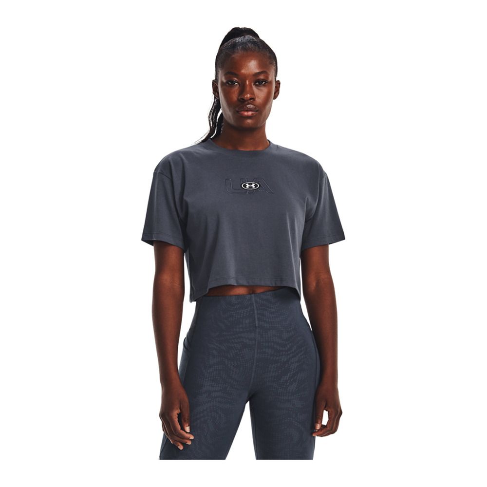 Under Armour UA BRANDED LOGO CROP - Crop top Femme downpour gray/white