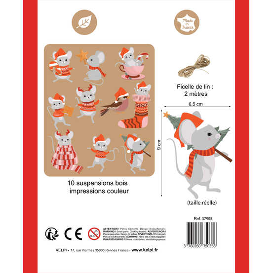 Suspensions en bois DIY thème Les petites souris de Noël H.9 cm x 10
