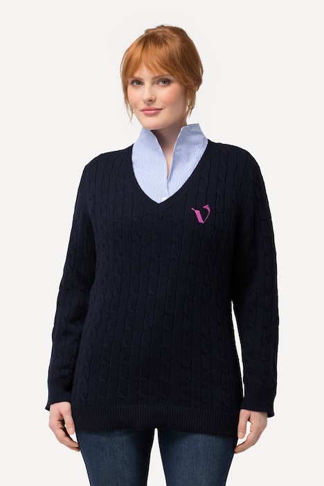 Pullover, Zopfmuster, V-Ausschnitt, Langarm