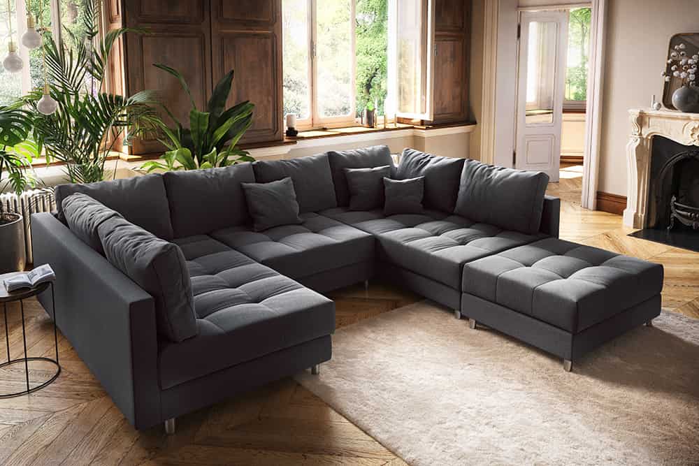 Moderne XXL Wohnlandschaft KENT 305cm anthrazit Federkern Bigsofa inkl. Hocker