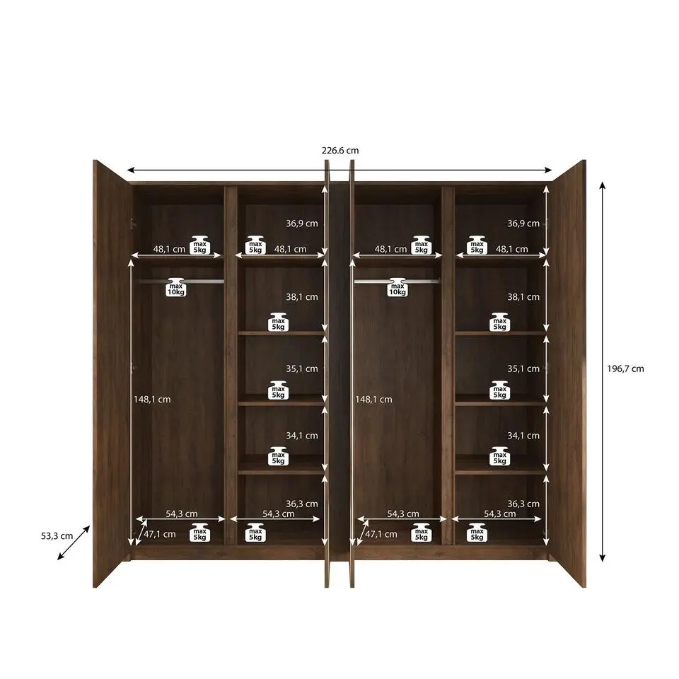 Meubella - Kledingkast Malibu - Mat zwart - 226 cm - Met spiegel