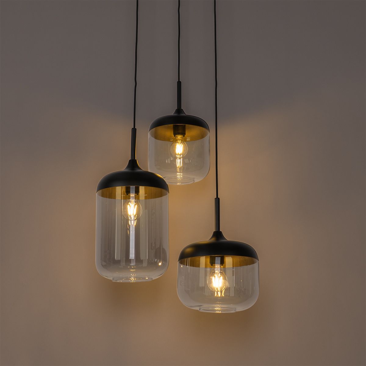 Hanglamp zwart met goud en smoke glas 3-lichts rond - Kyan
