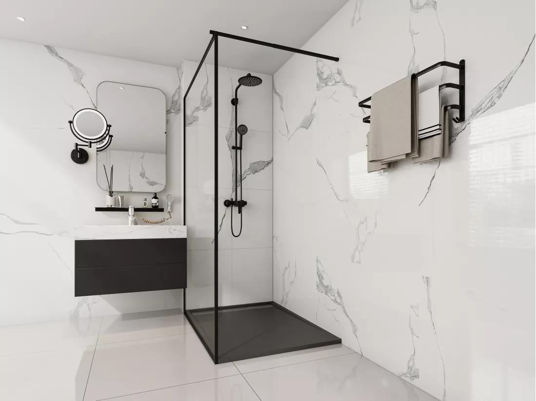 Receveur extra-plat à poser ou à encastrer découpable en résine SMC avec siphon - Noir - 120 x 90 cm - LYROSA