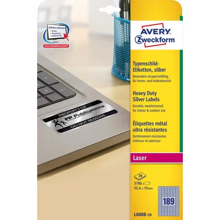 Avery Zweckform L6008-20 Typenschild-Etiketten, 25,4 x 10 mm, 20 Bogen/3.780 Etiketten, silber