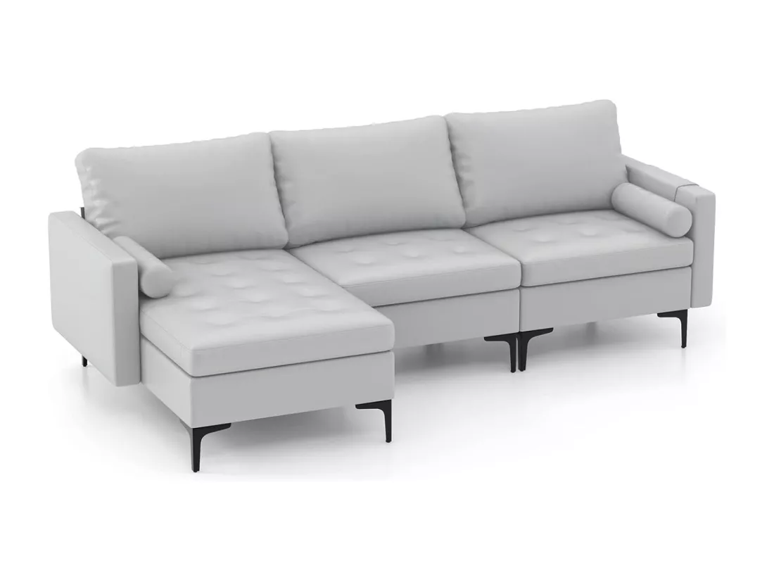 Canapé Convertible à 3 Places, Canapé d'angle en Cuir Aérien avec 2 Ports USB, Gauche ou Droite, 3 Coussins, 2 Traversins, Chaise Longue Moderne pour Salon, Bureau