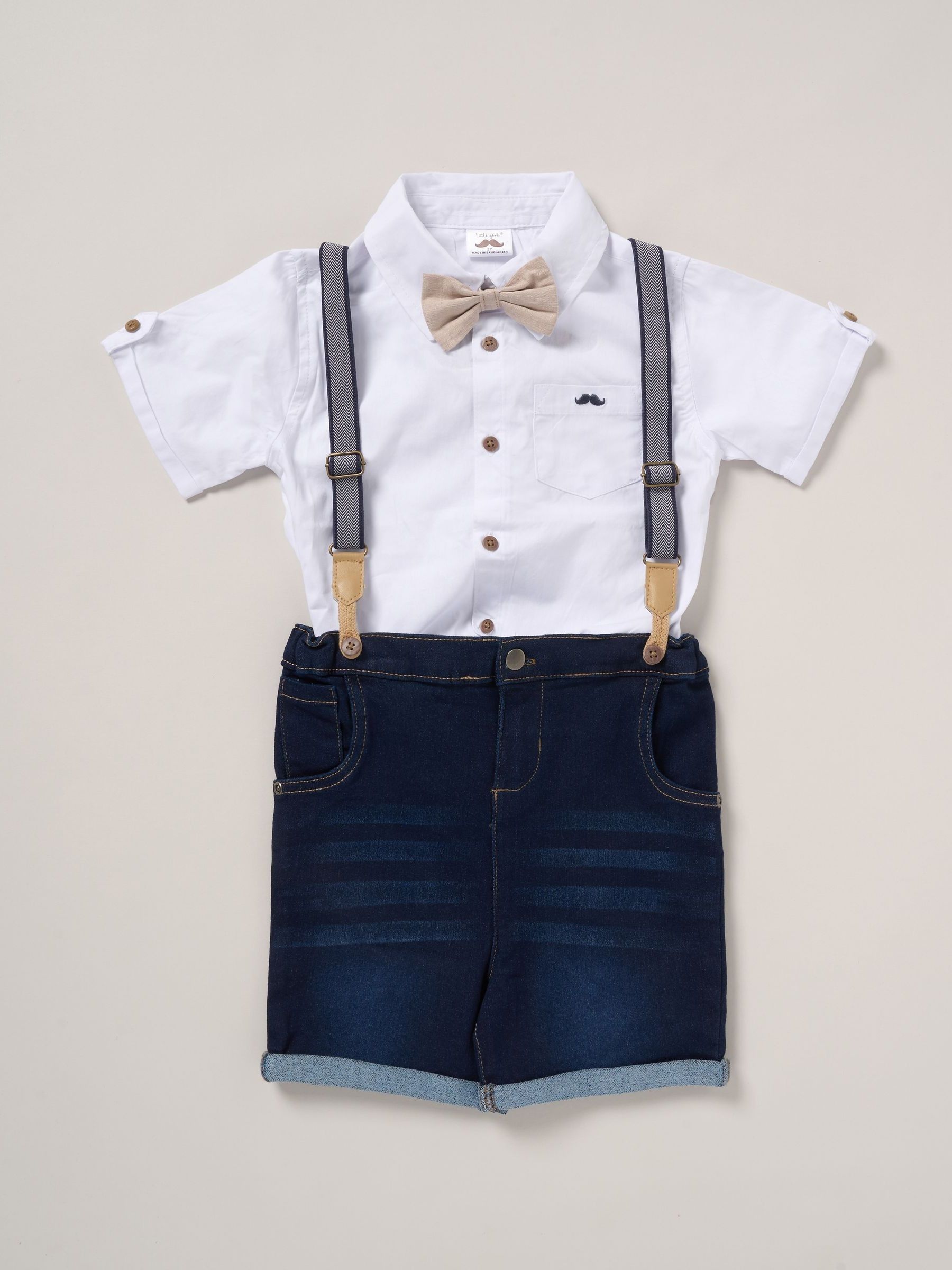 Little Gent set van blauw overhemd, korte broek en bretels