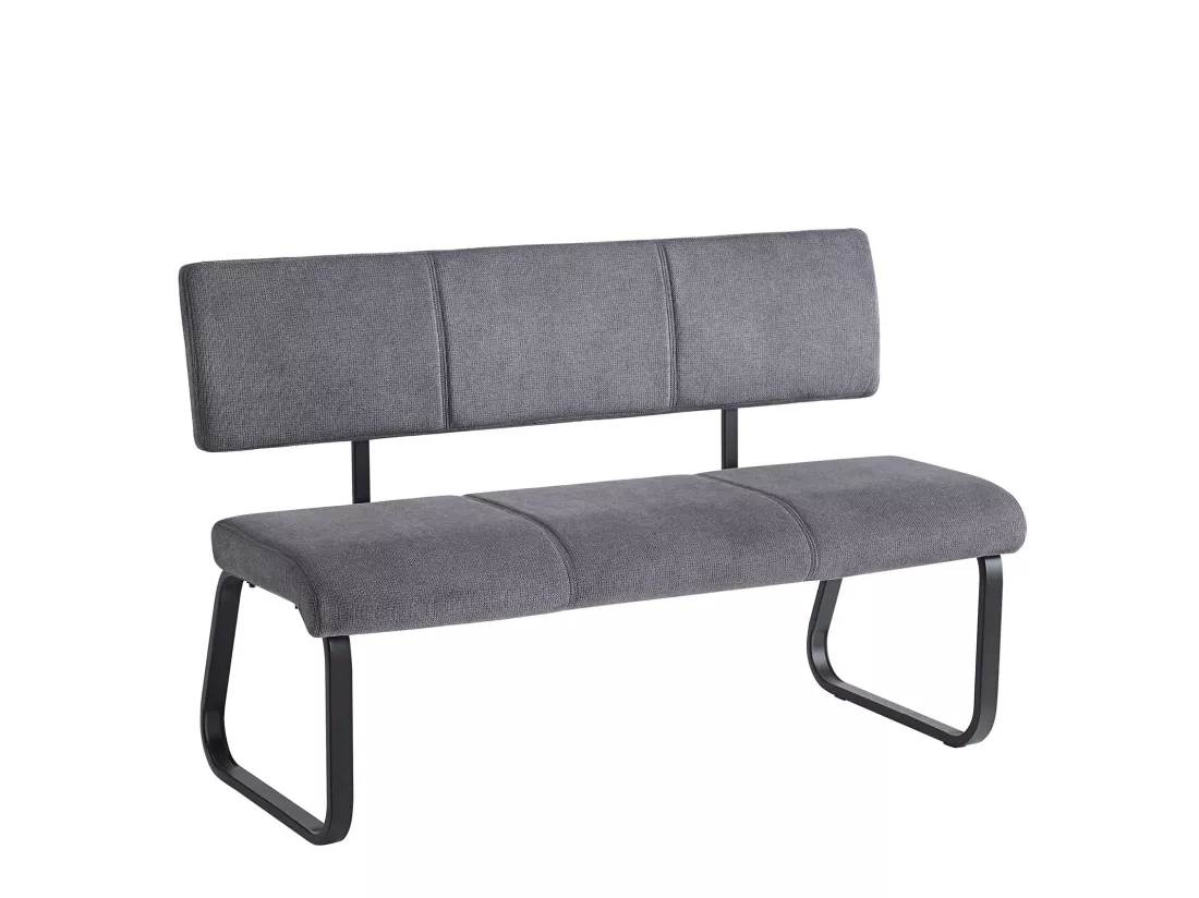 Banc design VILAS siège avec 3 places, banquettes avec dossier, revêtement en tissu gris foncé et piètement en métal noir