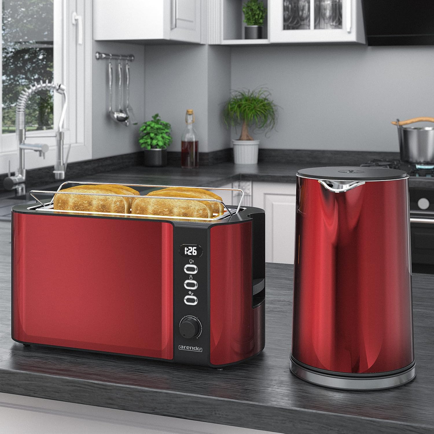 Arendo - Wasserkocher mit Toaster SET Edelstahl Rot, Wasserkocher 1,5L, 40° 100°C Warmhaltefunktion Toaster 4 Scheiben LED-Display 6 Bräunungsgrade Brötchaufsatz