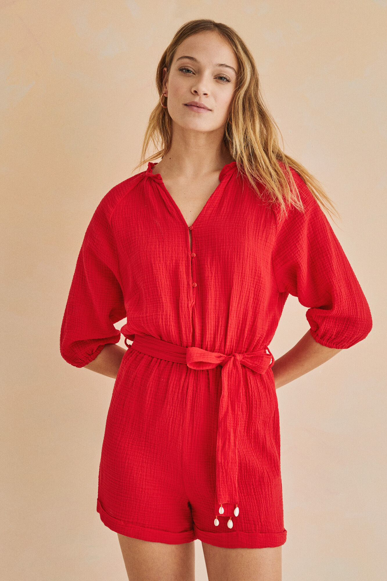 Macacão curto vermelho 100% algodão - vermelho