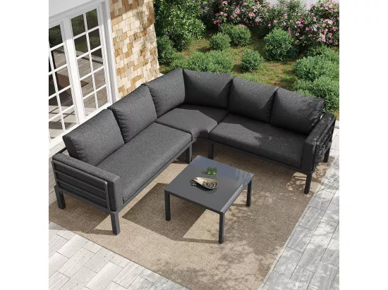 Salon de jardin (4-5 places), 1 table basse en verre trempé, structure en fer galvanisé, coussins d'assise et coussins gris, avec pieds réglables
