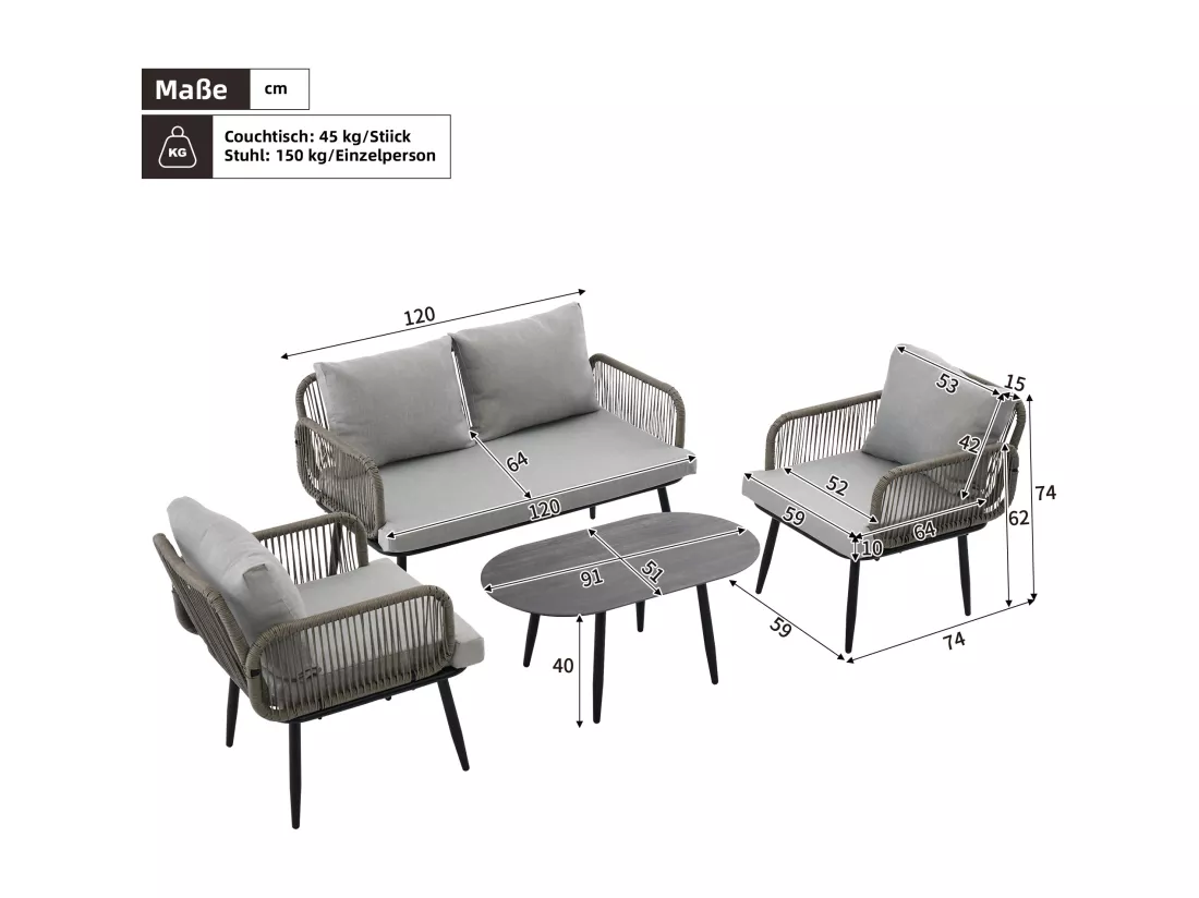 Salon de jardin modulable 4 places en acier galvanisé : 1 canapé 2 places + 2 fauteuils + table basse ovale - Gris