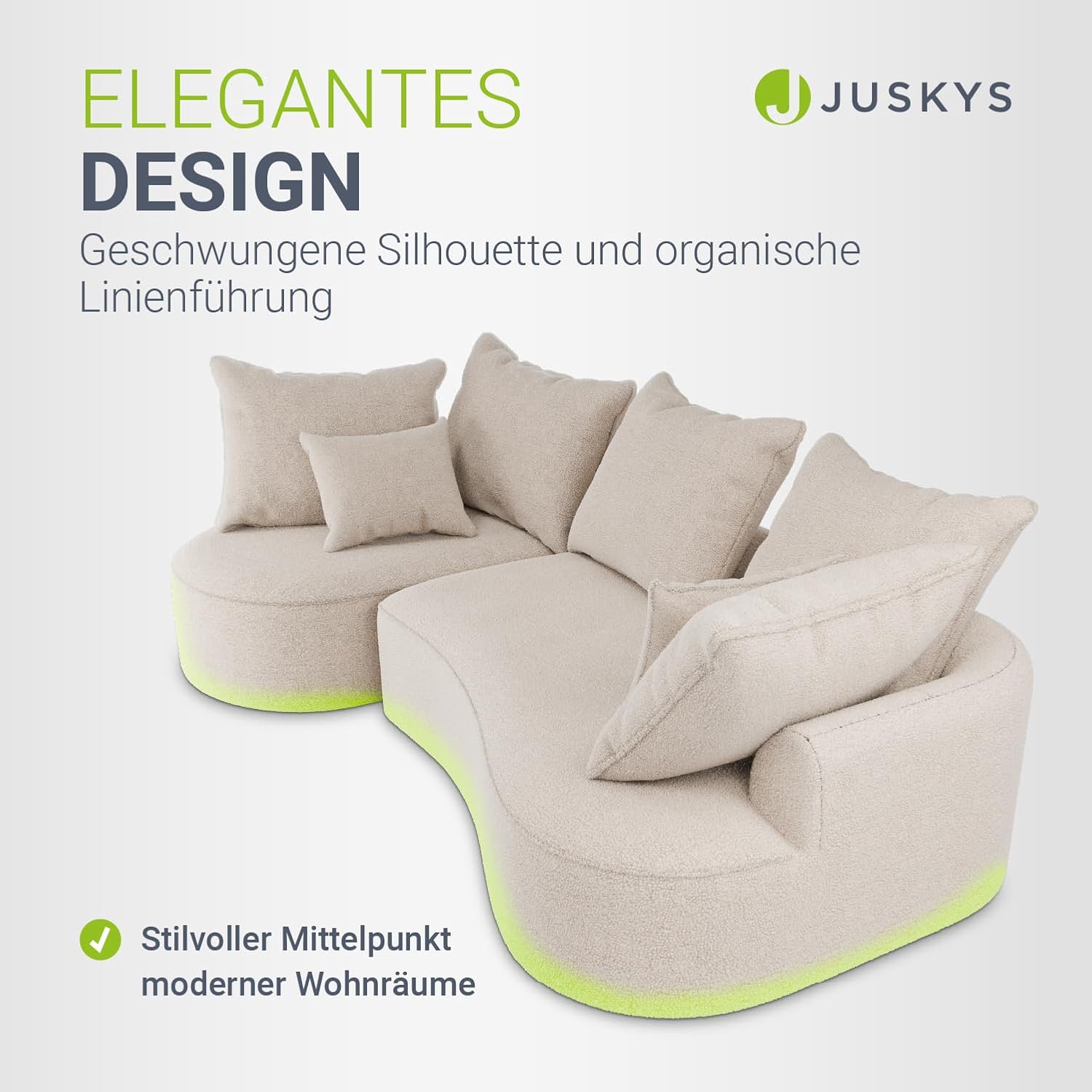 Juskys Sofa Tirano - Bouclé Creme, Ecksofa mit L-Form, mit Rücken- & Dekokissen, 4-Sitzer Eckcouch, Schaumstoff - Ottomane Links