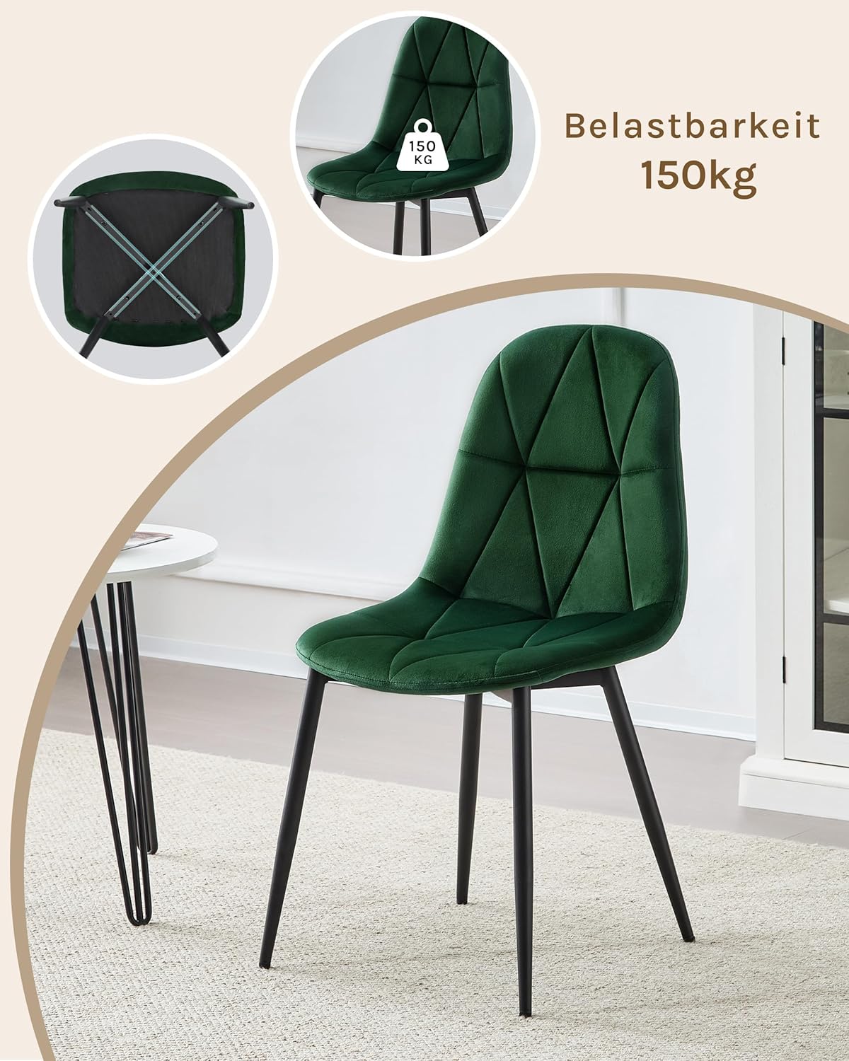 Lestarain Esszimmerstühle 4er Set mit Rückenlehne, für Esszimmer Küche Wohnzimmer, Küchenstühle gepolstert mit Samtbezug, aus Metall, ergonomisches Design, Dunkelgrün