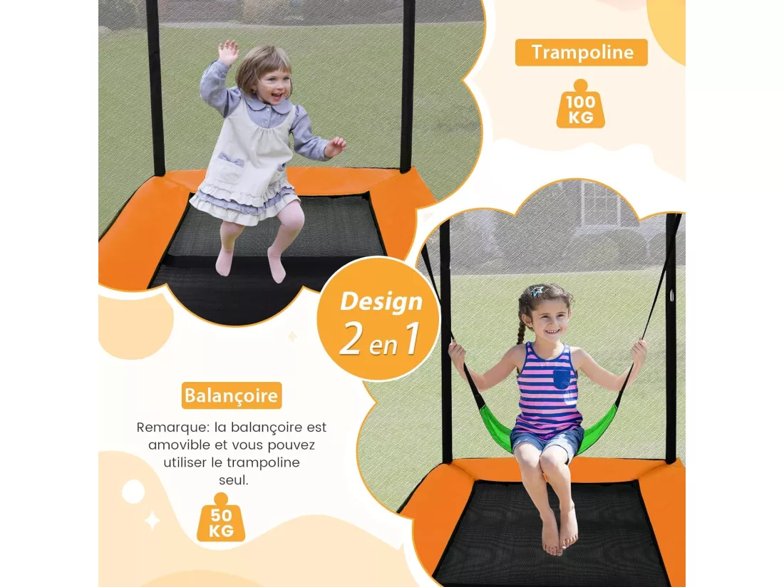 2 en 1 Trampoline Extérieur Enfants Rectangulair (190x122cm) avec Balançoire Amovible, Trampoline de Jardin avec Filet de Sécurité, Charge Max 100kg pour Garçon et Fille de 3 Ans+ (Orange)
