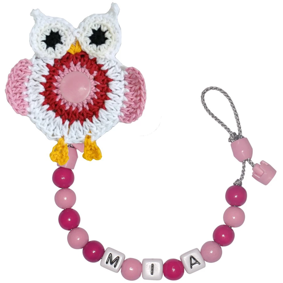 Schnullireich Schnullerkette mit Namen Häkel-Eule Rosa