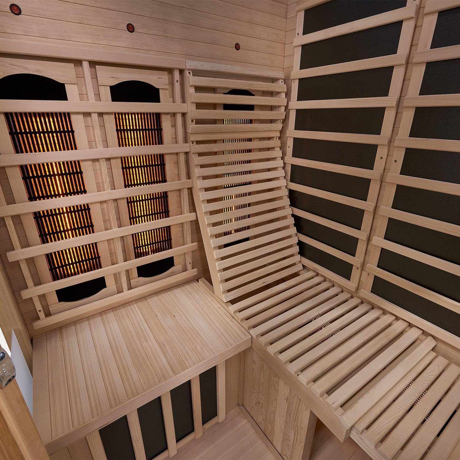 Artsauna Infrarotkabine Aalborg Dual-Technologie - 120x120x190 cm - 2 Personen - mit Relaxliege, Sitzbank, LED Farblicht & Glastür - Hemlock Holz Infrarotsauna