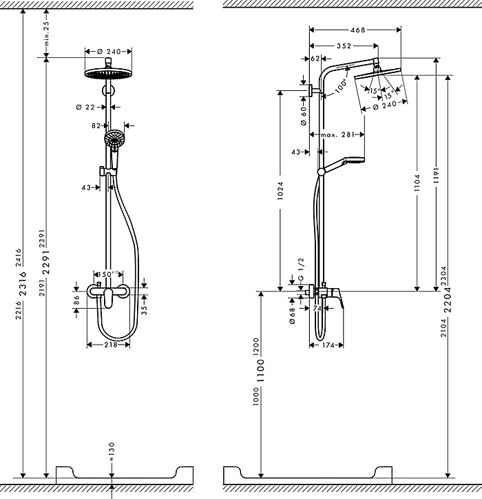Colonne de douche mécanique avec pommeau rond + douchette 1 jet + flexible + barre réglable, chrome, Hansgrohe Crometta S 240