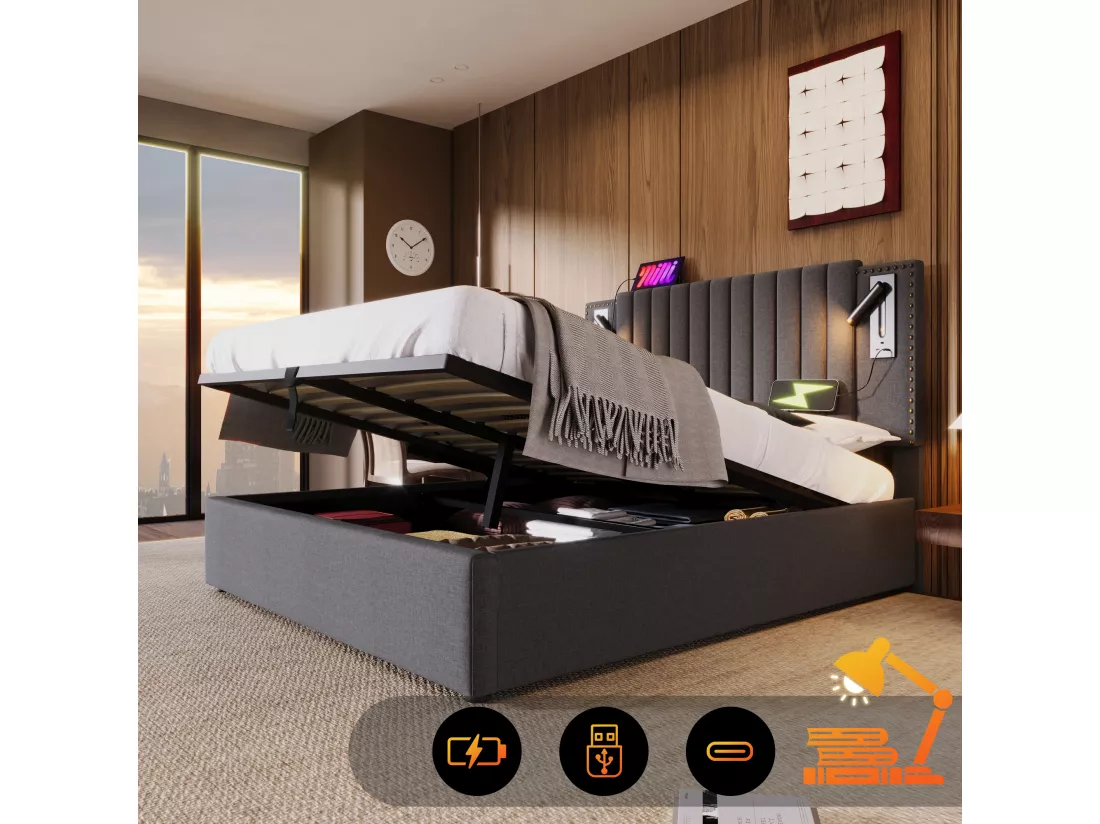 Lit coffre 180x200cm en tissu de cotton - avec lampes de lecture et Ports de charge USB - avec sommier à lattes - Gris