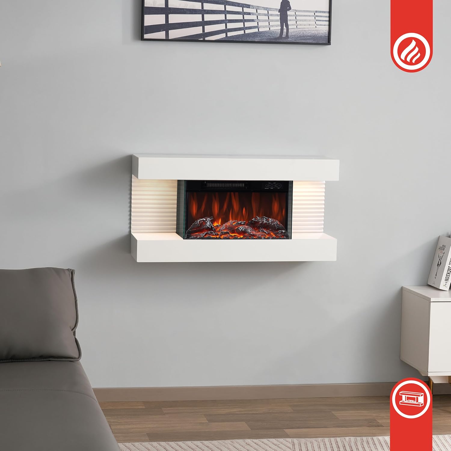 Elektrokamin Liz - Elektrischer Wandkamin mit Heizung, 3D-Flammeneffekt, LED-Ambientelicht, Fernbedienung (Weiß)
