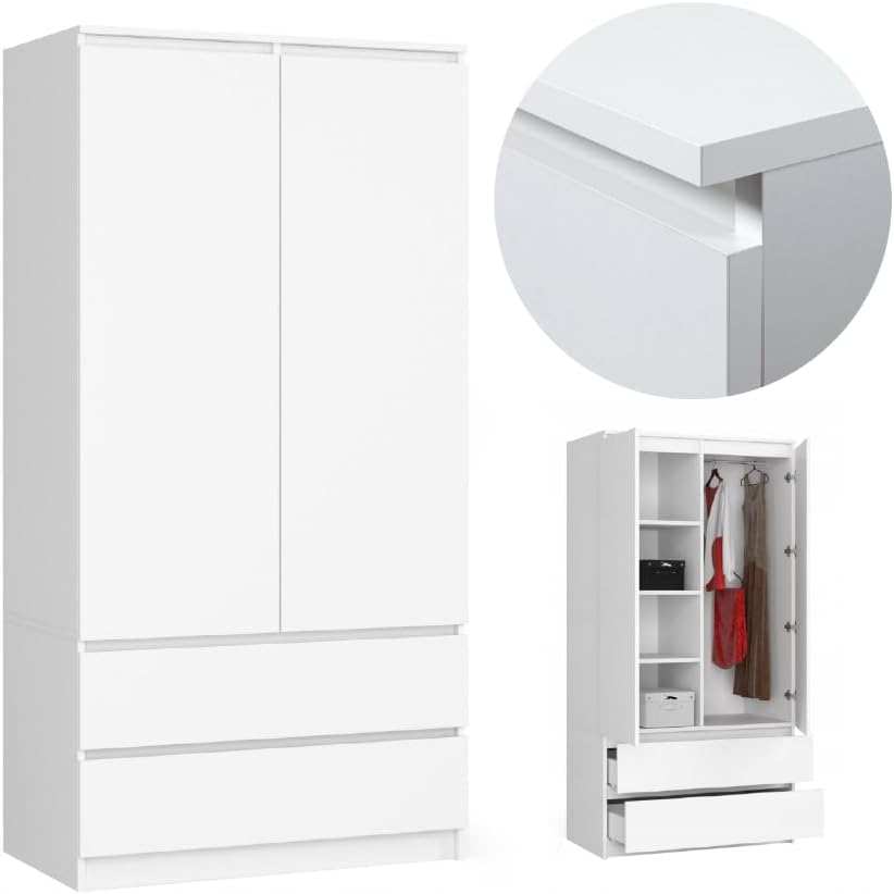 BDW Kleiderschränk 2 Türen, 4 Einlegeböden, Kleiderständer, 2 Schubladen, Garderobenständer, Schubladenschrank, Garderobenschrank für Schlafzimmer, Wohnräume, 180x90x51cm, (Weiß)