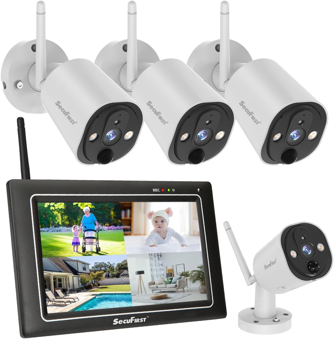 SecuFirst 2K Überwachungskamera Aussen Set mit Monitor,4X Kameras Überwachung ohne WLAN +7 Zoll Touchscreen Funk NVR Bildschrim,Gegensprech oder Wiedergabe von Aufnahmen über Monitor und APP.