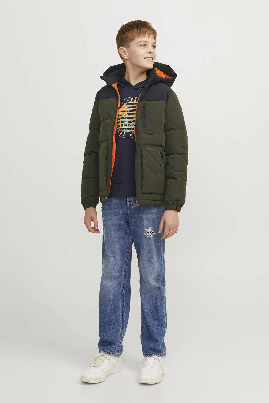JACK & JONES gewatteerde winterjas JJEOTTO donkergroen/zwart
