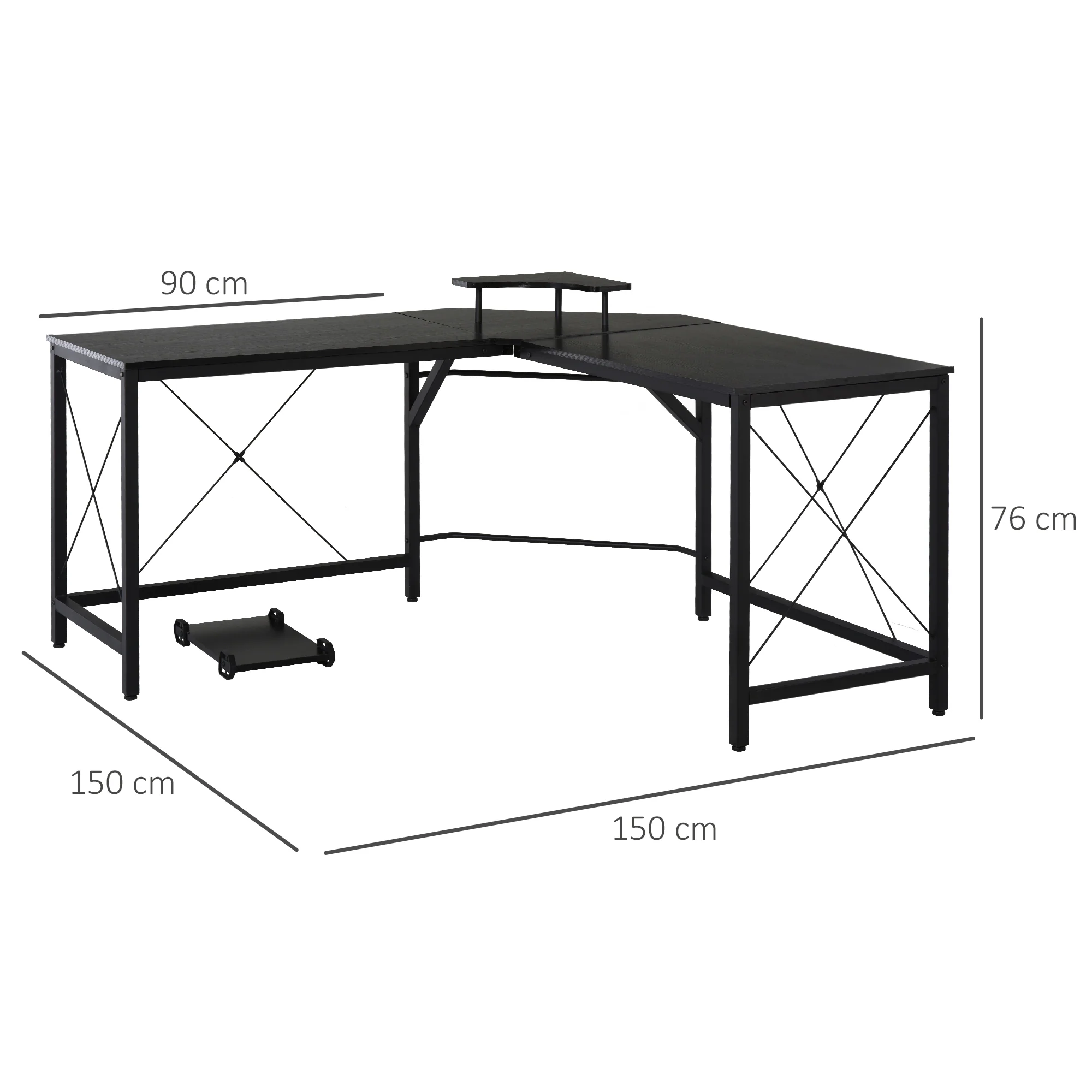 HOMCOM Eckschreibtisch mit Monitorablage schwarz 150L x 150B x 76H cm