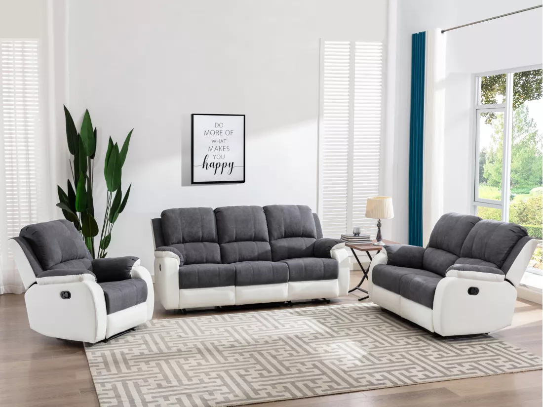 Canapé 2 places relax en microfibre et simili gris et blanc BRODY