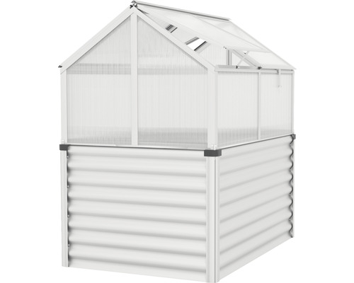 Klassieke verhoogde bak, Gamma verhoogde kweekbak met dubbelwandige polycarbonaat panelen, 126,7 x 89 x 134,5 cm, zilver