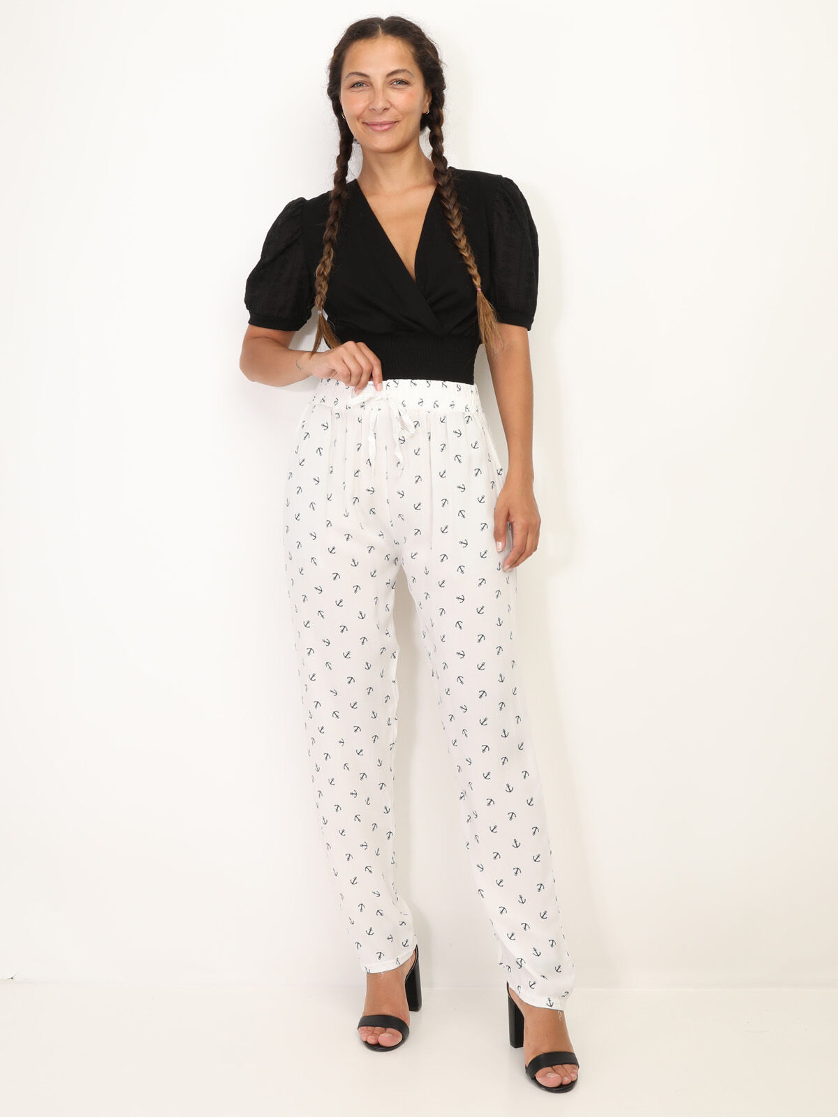 Pantalon léger à motifs ancres- Blanc
