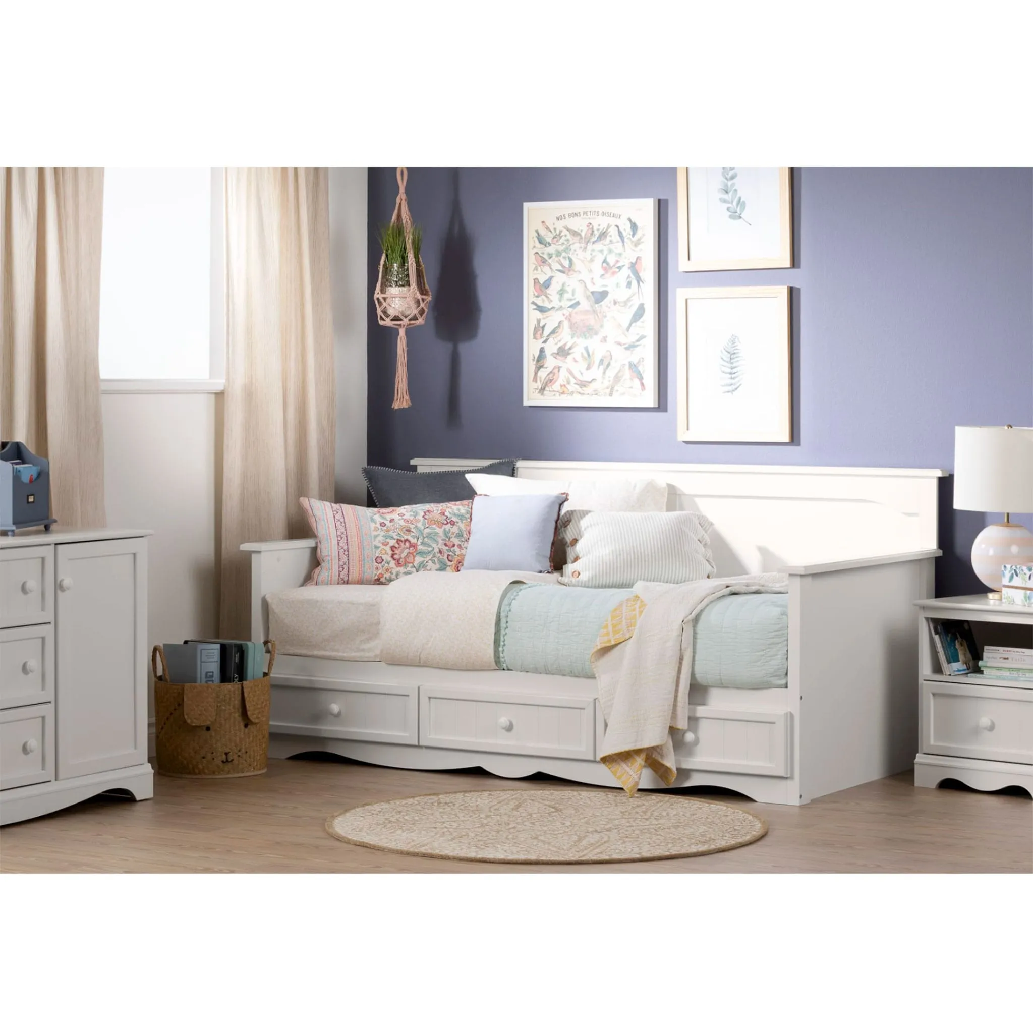 South Shore Savannah Lit de jour Simple avec 3 tiroirs de rangement - Blanc Solide