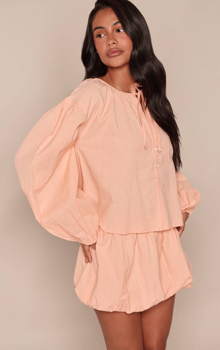 Taupe Ensemble Coordonné Blouse Pêche En Coton À Manches Longues