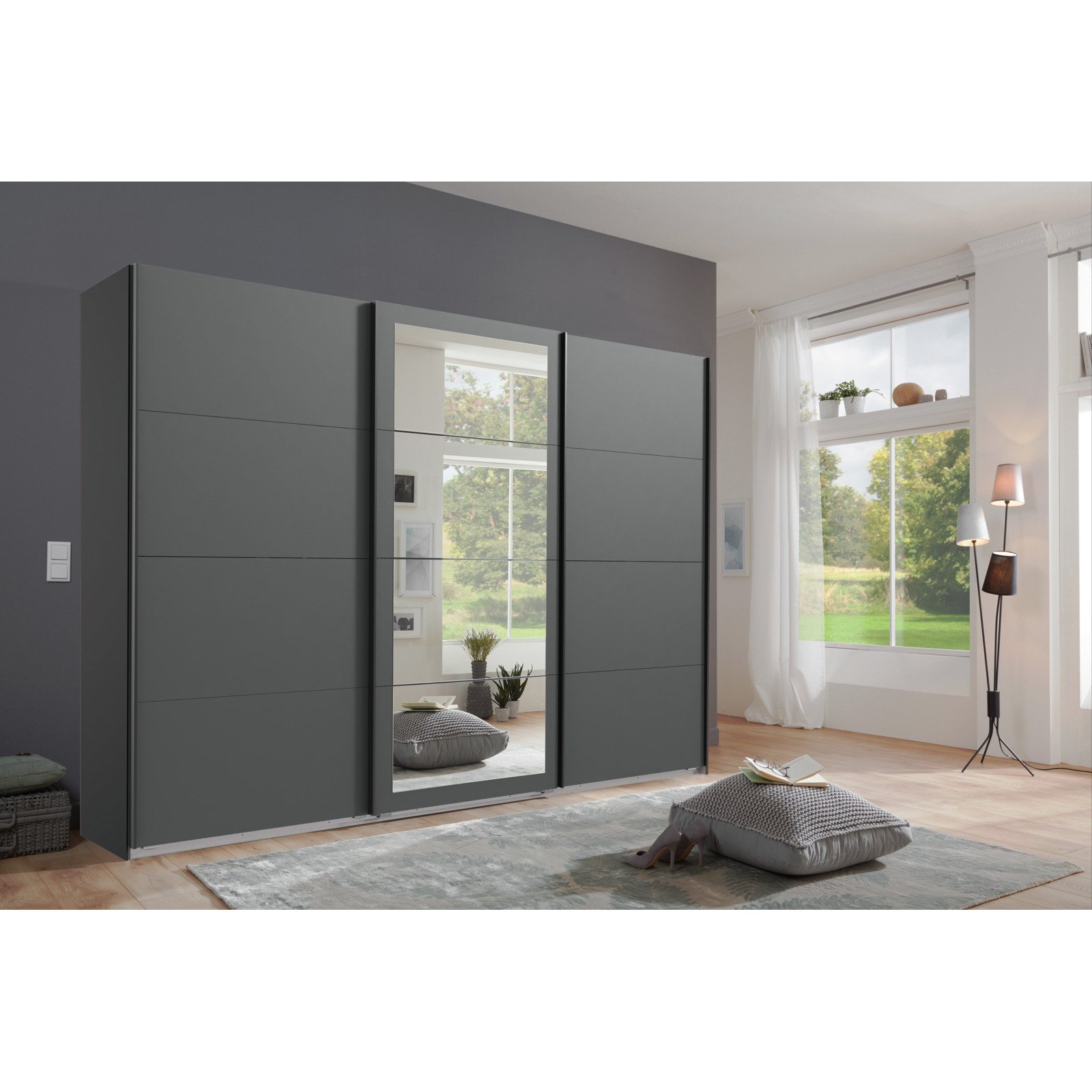 Schwebetürenschrank Minden, Dekor graphit, 270 x 210 x 65 cm, mit Spiegel