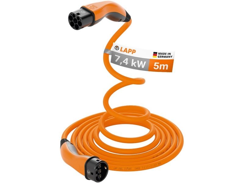 Lapp Ladekabel für Elektroauto Typ 2, 7.4kW, 32A, 5 m, Oran 3-phasiges Helix-Kabel zum Laden von Hybrid- und Elektroautos mit Typ-2-Anschluss