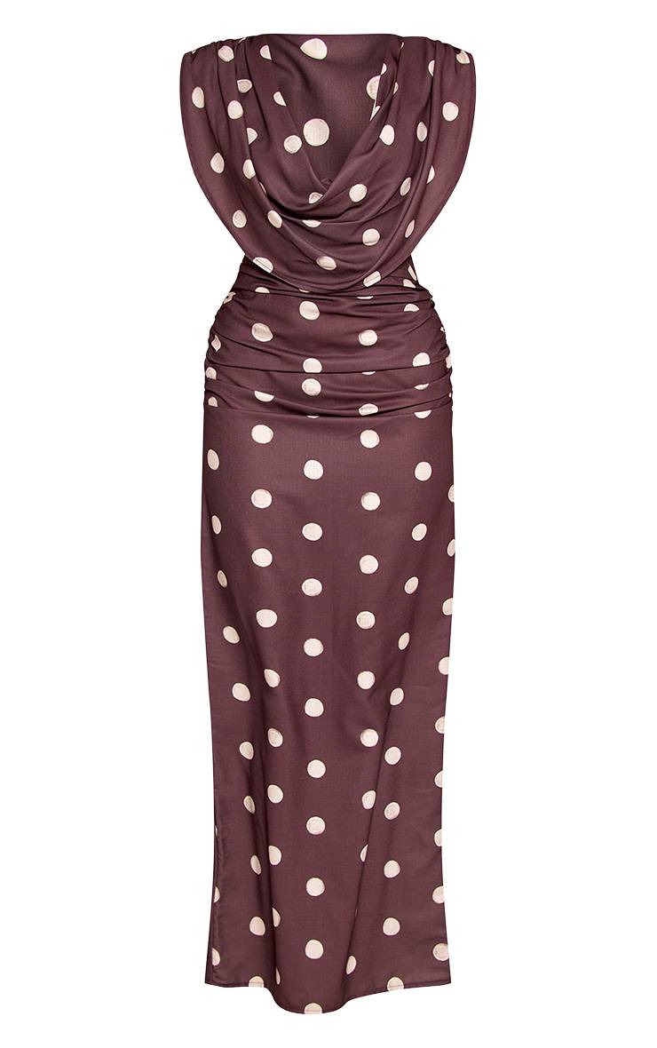 Marron Robe Maxi À Pois Avec Col Bénitier Et Détails Froncés